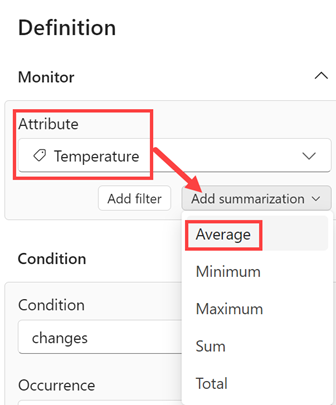 Skærmbillede, der viser afsnittet Overvåg i ruden Definition med attributten Temperatur valgt.