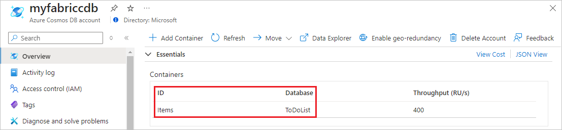 Et skærmbillede af objektbeholderlisten for en Azure Cosmos DB NoSQL API-konto.