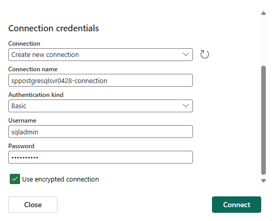 Skærmbillede, der viser afsnittet Forbindelseslegitimationsoplysninger for Azure PostgreSQL-databaseconnectoren.