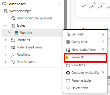 Skærmbillede af oprettelse af en Power BI-rapport fra en tabel. Tabelmenuen er åben med Opret Power BI-rapport valgt.