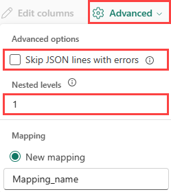 Skærmbillede af avancerede JSON-indstillinger.