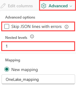 Skærmbillede af avancerede JSON-indstillinger.