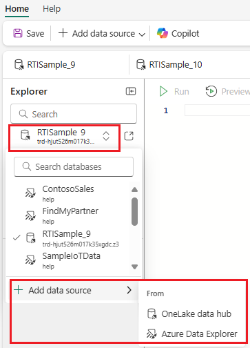 Skærmbillede af datakildemenuen, der viser en liste over forbundne datakilder.