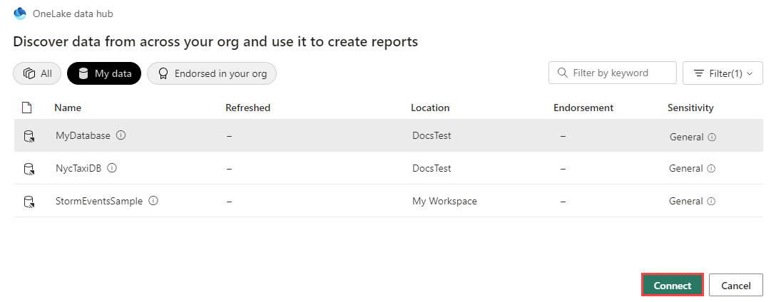 Skærmbillede af OneLake-datahub, der viser en liste over KQL-database, der kan oprettes forbindelse til i Power BI Desktop.