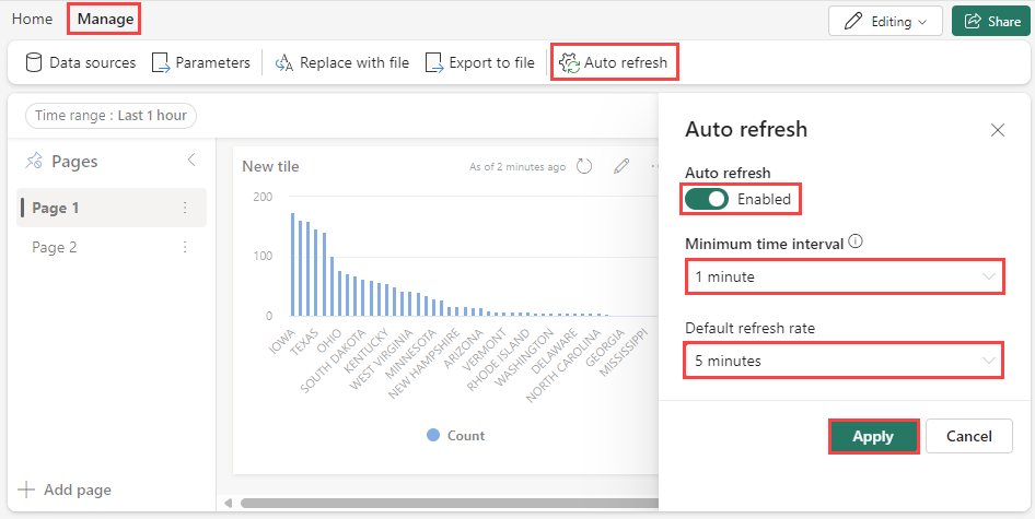 Skærmbillede af ruden Automatisk opdatering i dashboards i realtid.