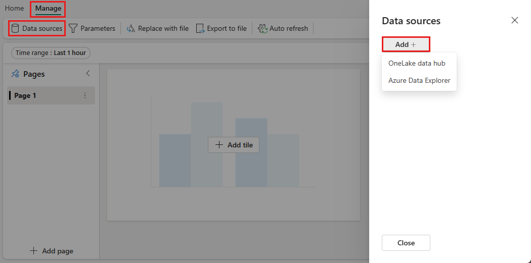 Skærmbillede af tilføjelse af en ny datakilde til et realtidsdashboard i realtidsintelligens i Microsoft Fabric.