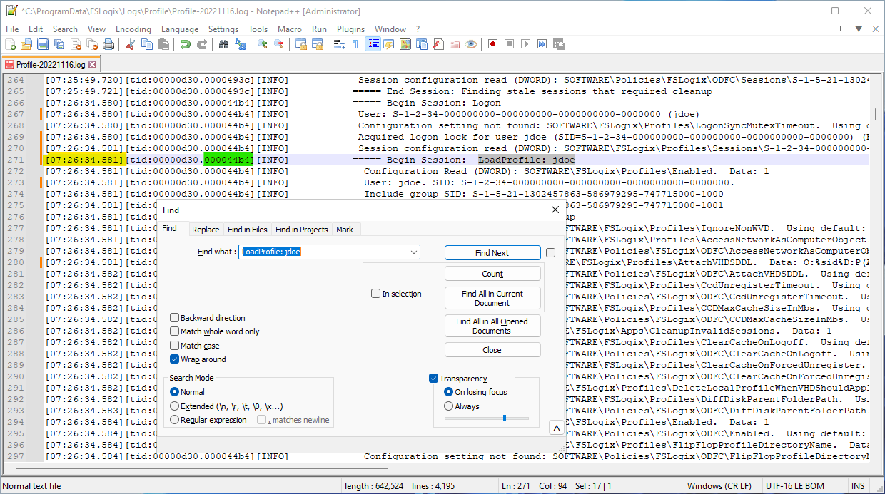 profile log search dialog