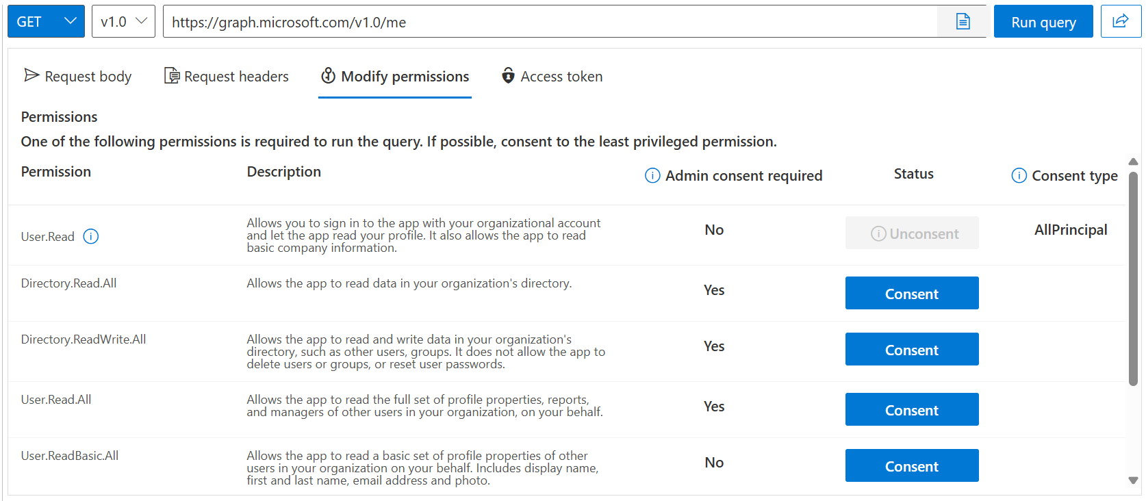 Screenshot of the Modify permissions tab in Graph Explorer.