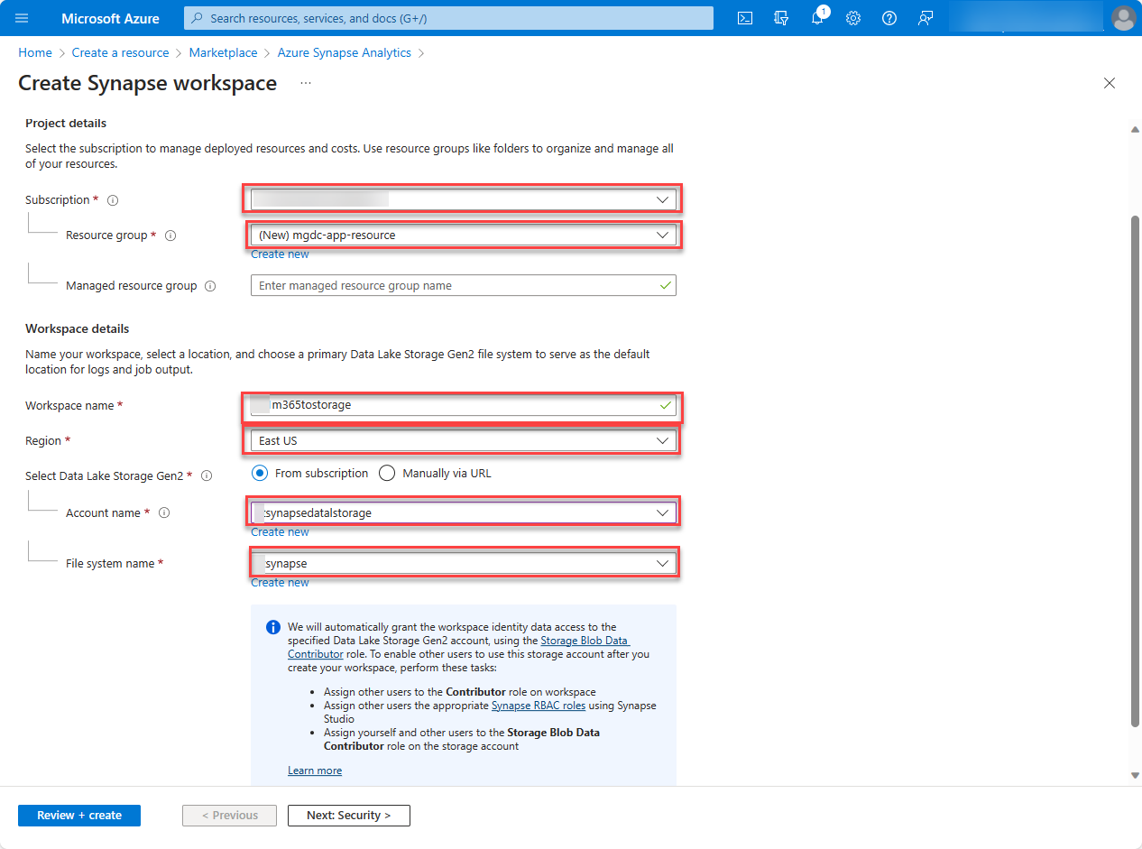 A screenshot of the Azure Synapse Analytics page with fields shown with values input and Review and create highlighted.