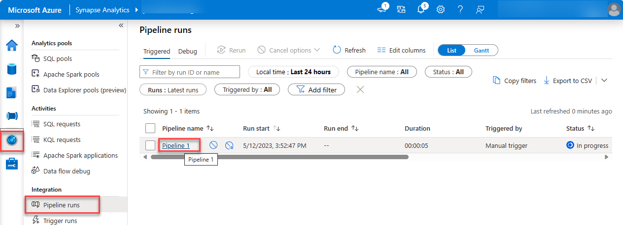 A screenshot of the Pipeline runs page with Pipeline runs highlighted.