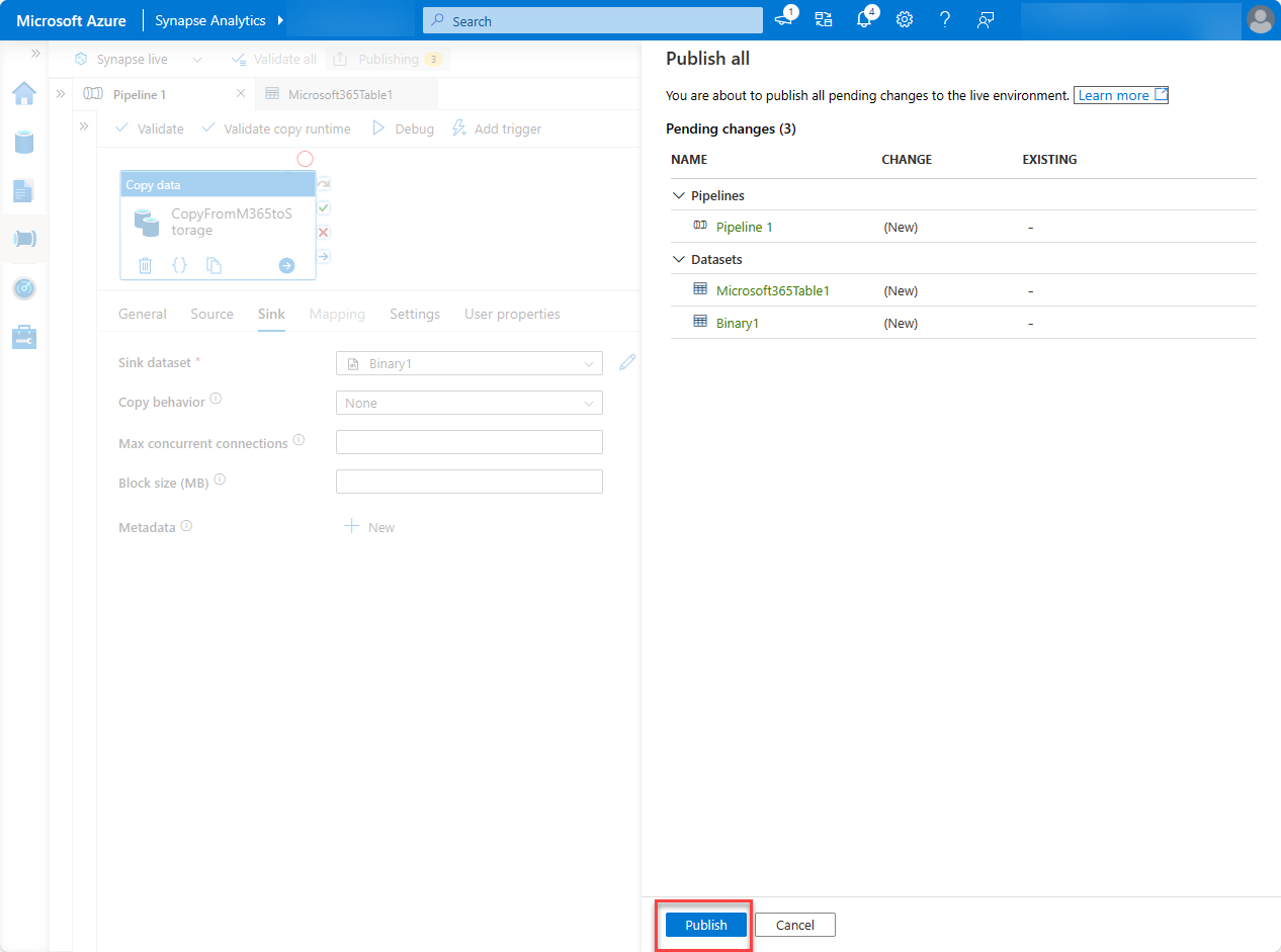 A screenshot of the Synapse Analytics Pipeline with Publish all highlighted.