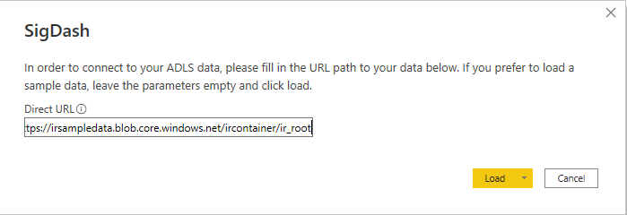 I dette billede vises pop op-anmodningen udfyldt med URL-adressen til objektbeholderen og placeringen af mappen model.json, der er vedhæftet i slutningen.