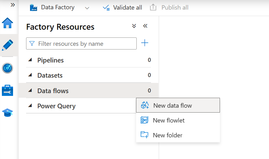 I billedet vises, hvordan du kan oprette et nyt dataflow.