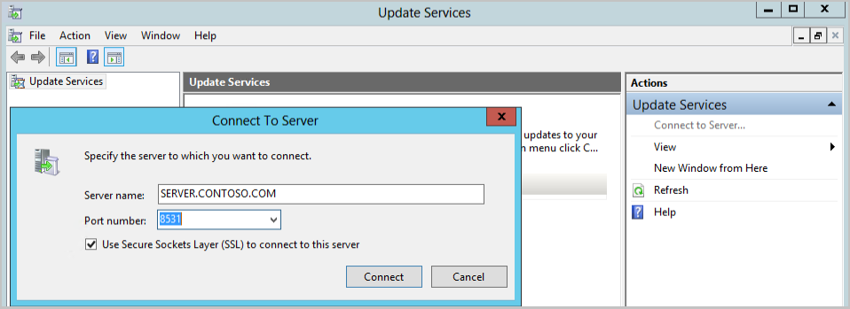 Connect to the WSUS console over the HTTPS port