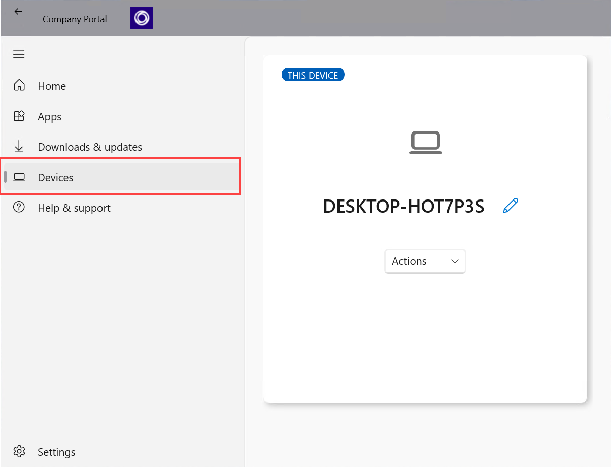 Screenshot of the Company Portal app for Windows highlighting the "Devices" option.