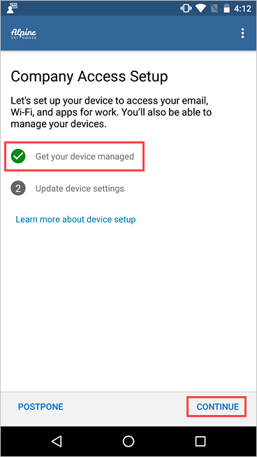 Screenshot of Company Portal, Company Access Setup screen, showing Get your device managed is complete.
