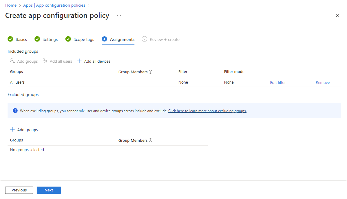 Screenshot of Policy assignments - All Users dropdown option