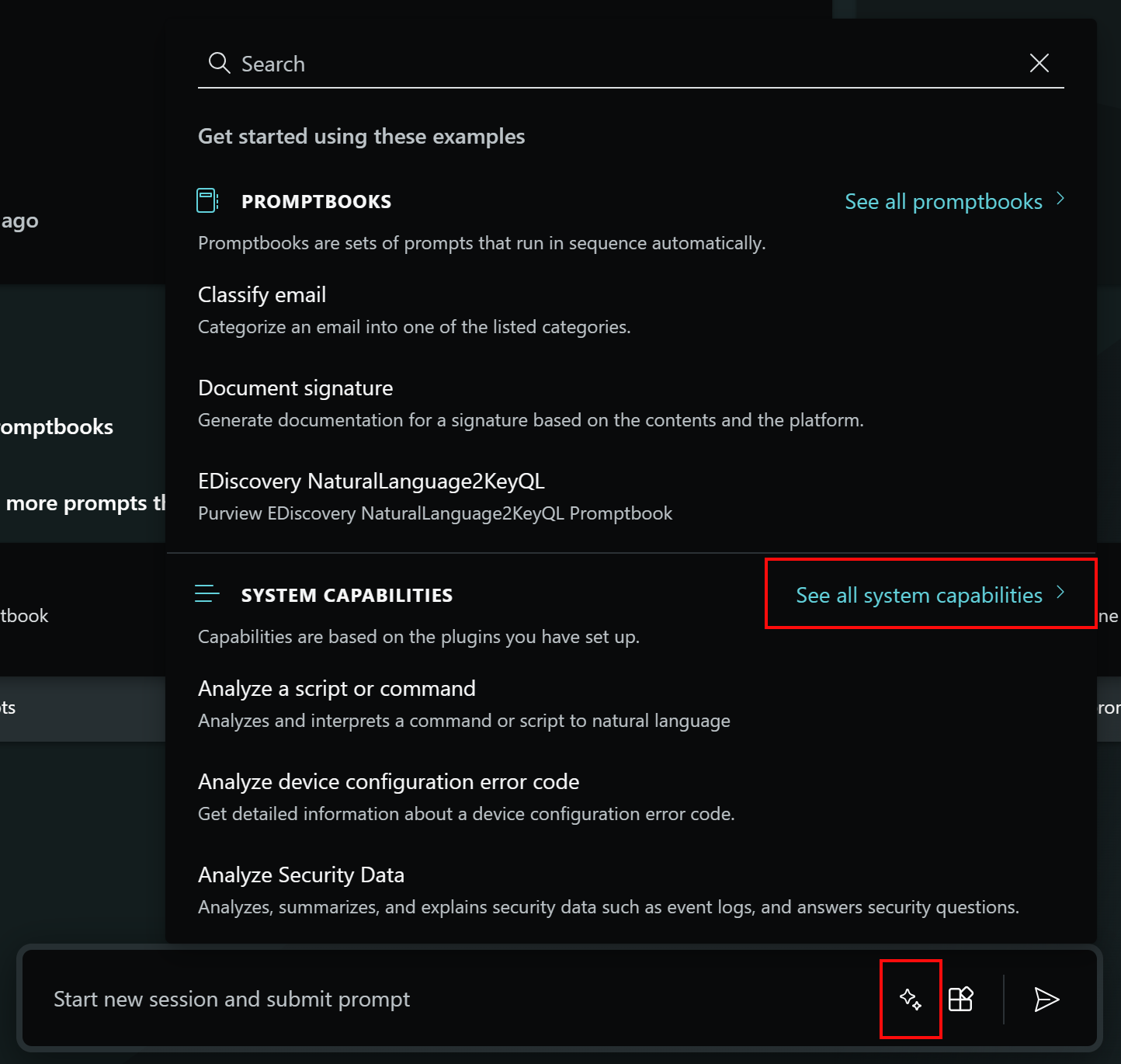 Screenshot that shows how to select the prompts icon and system capabilities in Security Copilot.