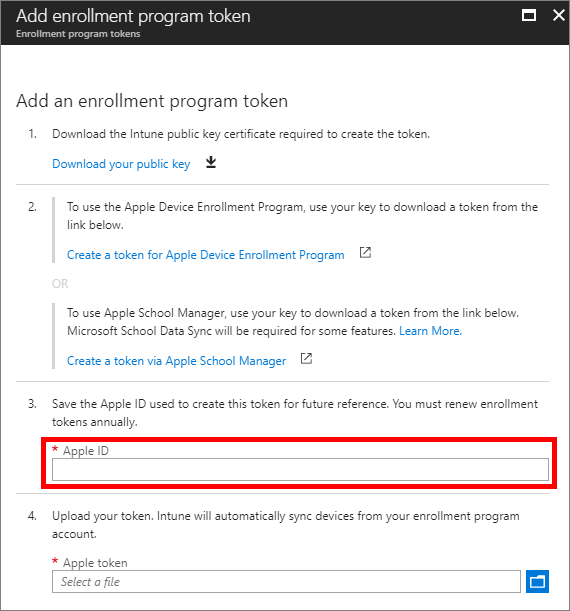 Example screenshot showing the Apple ID used to create the enrollment program token and browsing to the enrollment program token.