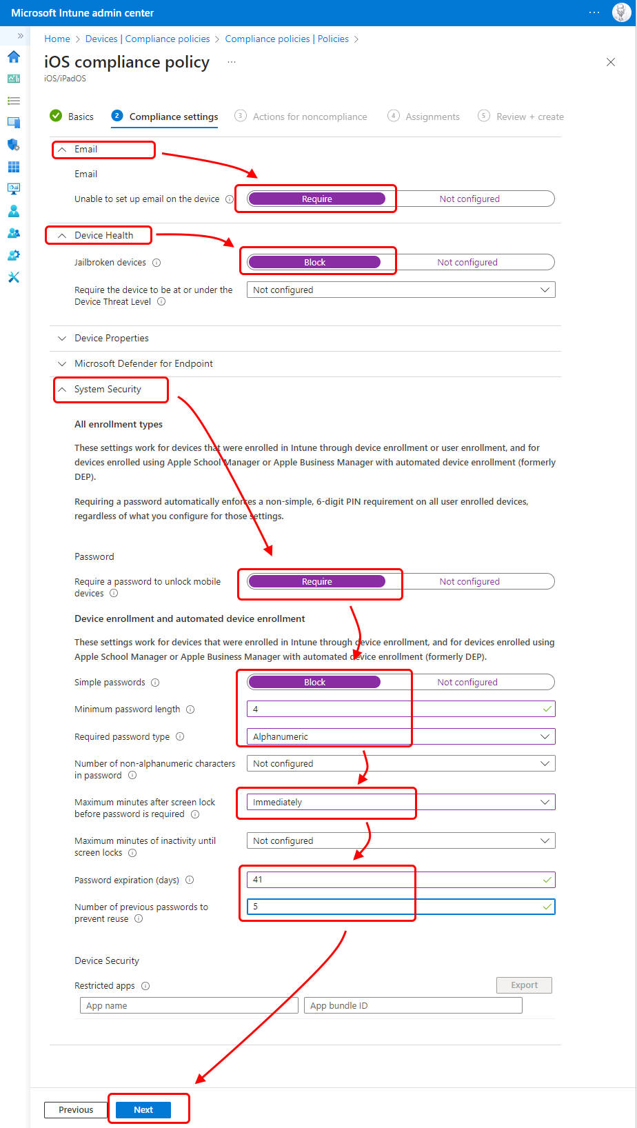 Configureation of the iOS compliance policy.