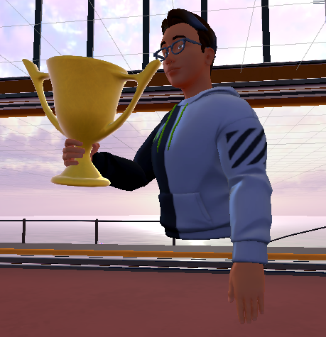 Screen shot of an avatar holding the Trophy.