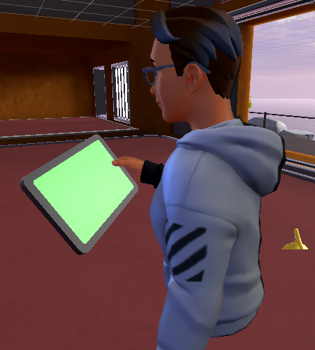 Screen shot of an avatar holding the Tablet.