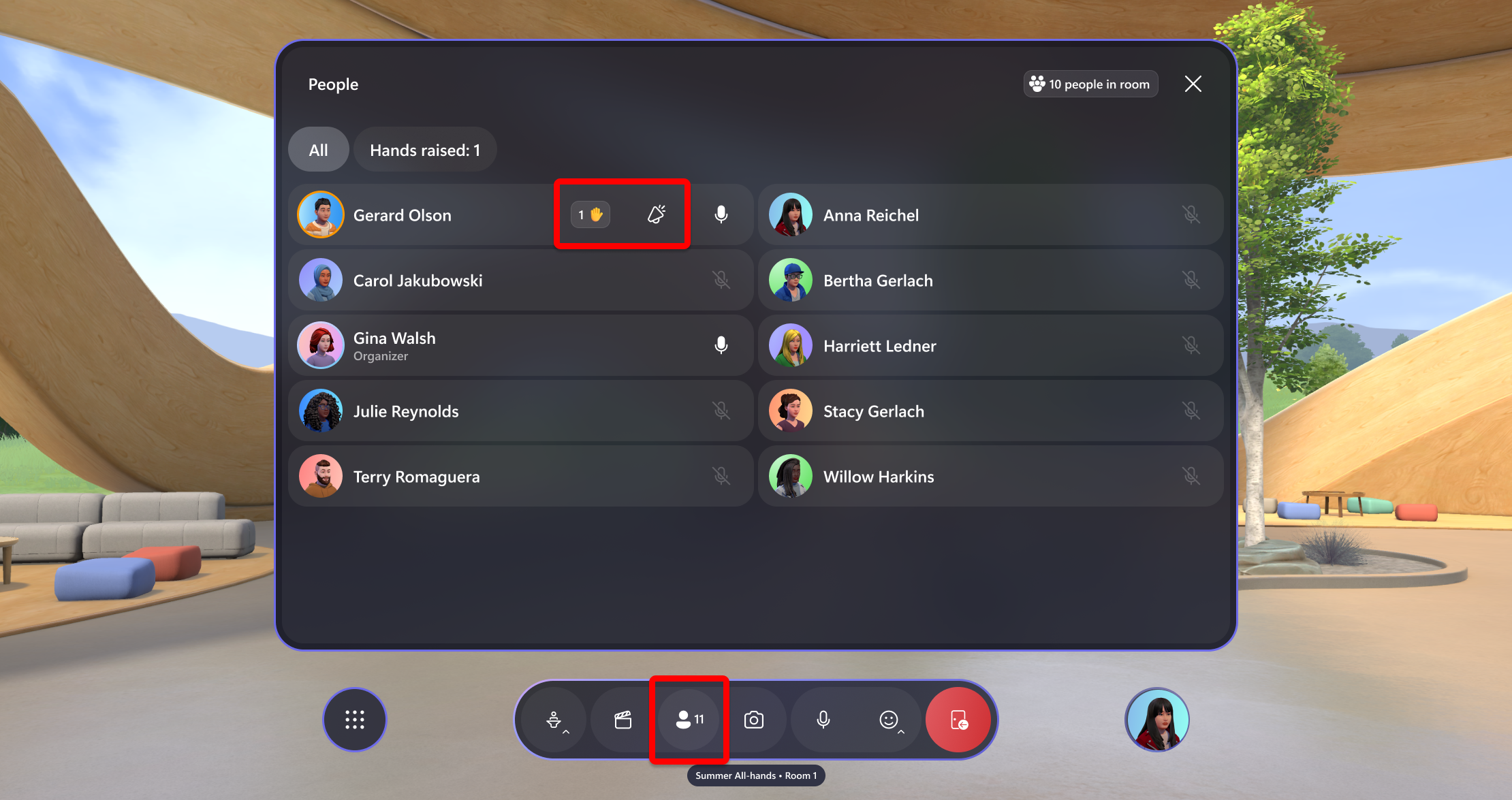 Screenshot of people panel in single room event in Mesh app.