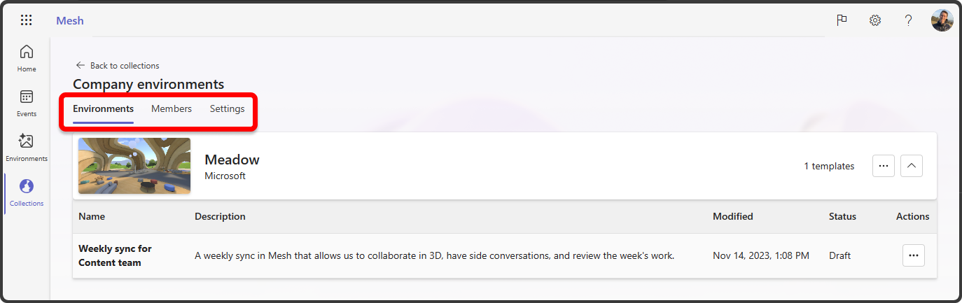 Screenshot of Mesh on the web showing a collection highlighted with Environments, Members.
