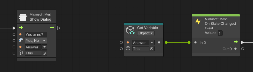 Screen shot of the Show Dialog node collecting the user response in a variable, followed by an On State Changed node responding to the variable change