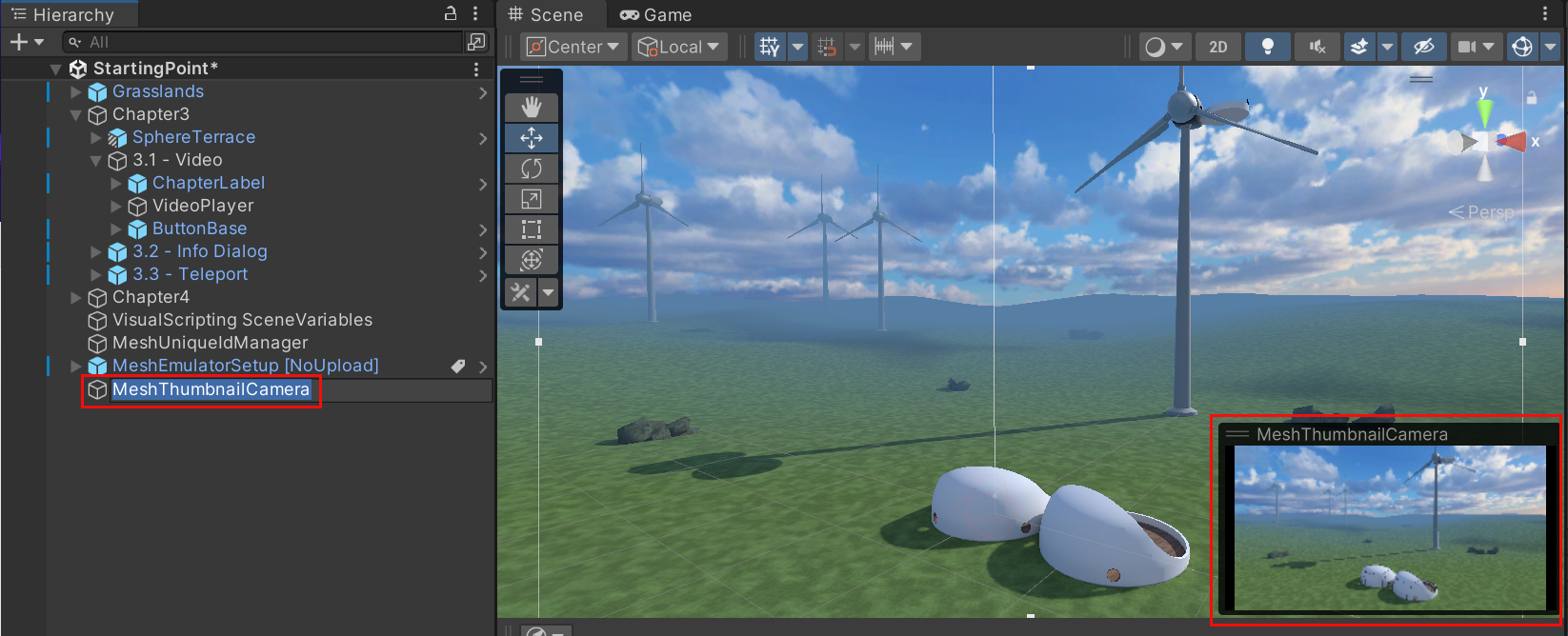 A screen shot of the Mesh thumbnail camera highlighted in the Hierarchy and the camera's view highlighted in the Scene view.