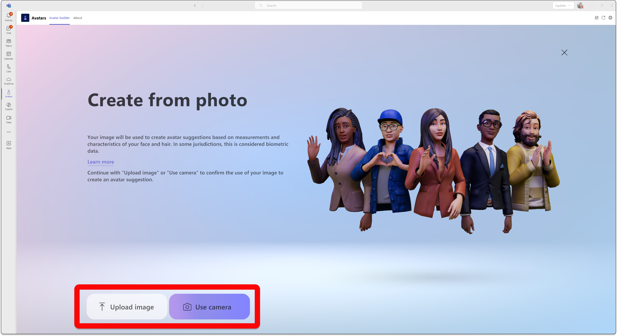 Screenshot of avatars app in Teams showing the ability to create an avatar from a photo or use your camera.