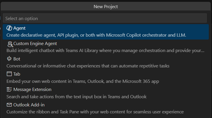 A screenshot of the New Project options with Agent selected