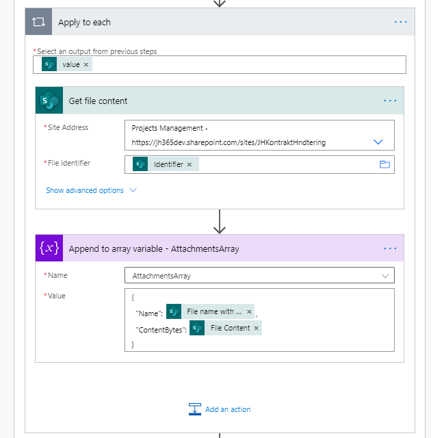 Get each file content, and append to Attachments array variable