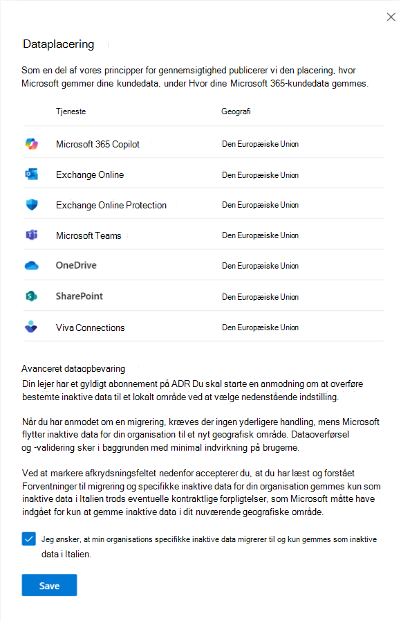 Skærmbillede af Dataplaceringsvisningen før migrering.