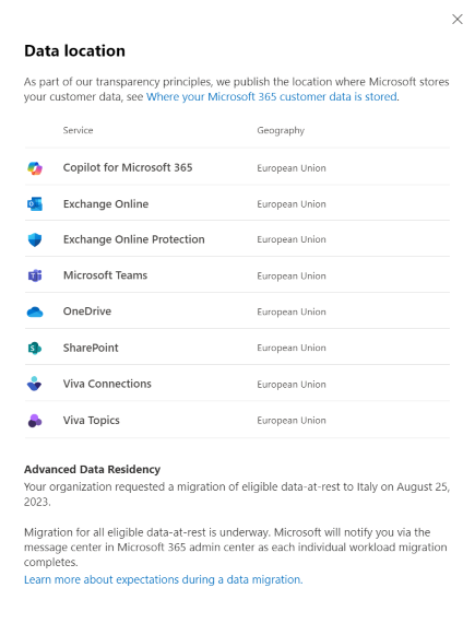 Skærmbillede af den ønskede overførsel af dataplaceringsvisning.