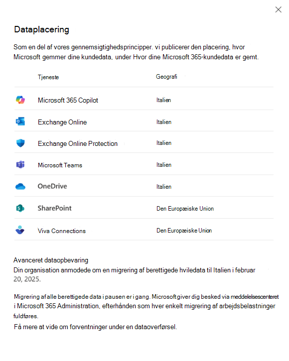 Skærmbillede af Igangværende overførsel af dataplaceringsvisningen.