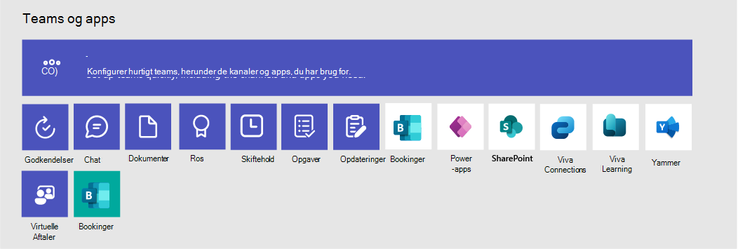 Diagram over teams, teamskabeloner og apps, der kan inkluderes.