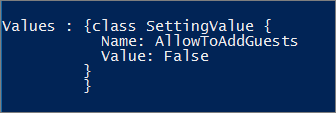 Skærmbillede af PowerShell-vinduet, der viser, at gæstegruppens adgang er angivet til falsk.