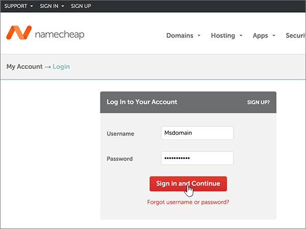 Log på Namecheap.