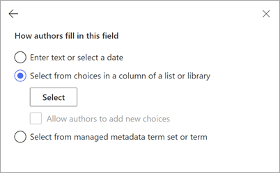 Skærmbillede af skabelonfremviseren, der viser panelet Nyt felt til input fra en SharePoint-liste.