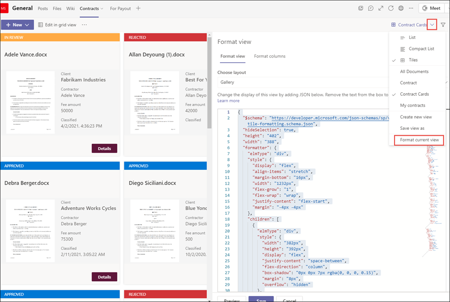 Skærmbillede af json-format i Teams-kanal.