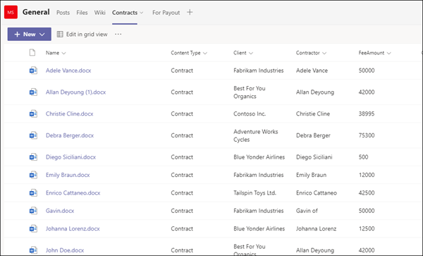 Listevisning af SharePoint-bibliotek.