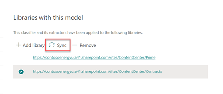 Skærmbillede, der viser biblioteker med dette modelafsnit med Synkronisering fremhævet.