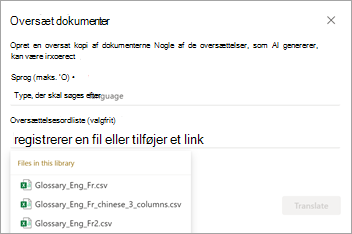 Skærmbillede, der viser skærmen Oversæt dokumenter med indstillinger for oversættelsesordliste.