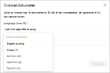Skærmbillede, der viser skærmen Oversæt dokumenter med sprogindstillinger.