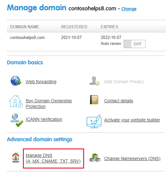 Vælg Administrer DNS på rullelisten.