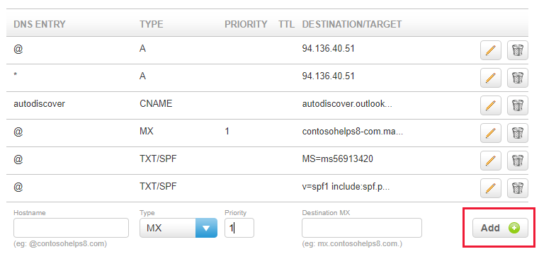 Skærmbillede af, hvor du vælger Tilføj for at tilføje en MX-post.