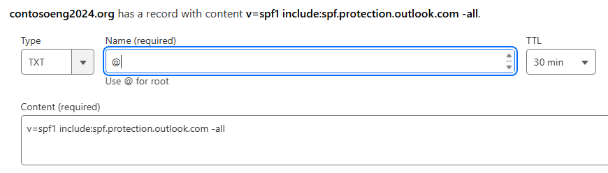 Skærmbillede af, hvor du vælger Gem for at tilføje en SPF TXT-post.