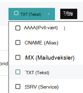 Vælg TXT på rullelisten Type for TXT-posten til domænebekræftelse.