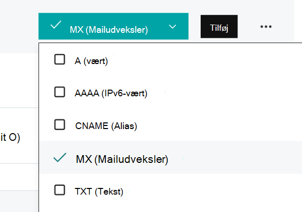 Rullemenu med MX-post valgt.